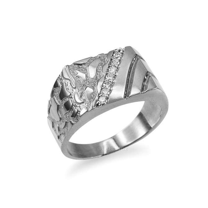 Men's CZ Accent Rectangle Nugget Ring in White Gold