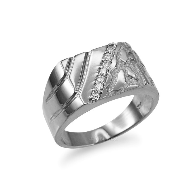 Men's CZ Accent Rectangle Nugget Ring in White Gold