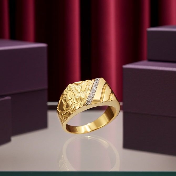 Men's Diamond Accent Rectangle Nugget Ring in Yellow Gold