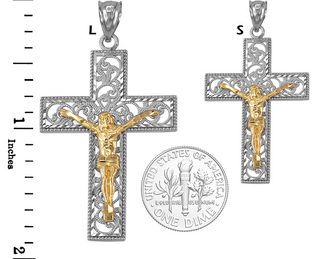 Two-Tone White and Yellow Gold Filigree Crucifix Cross DC Pendant (S/L)
