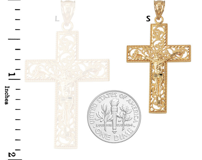 Yellow Gold Filigree Crucifix Cross DC Pendant Necklace