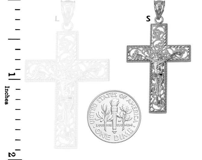 White Gold Filigree Crucifix Cross DC Pendant Necklace