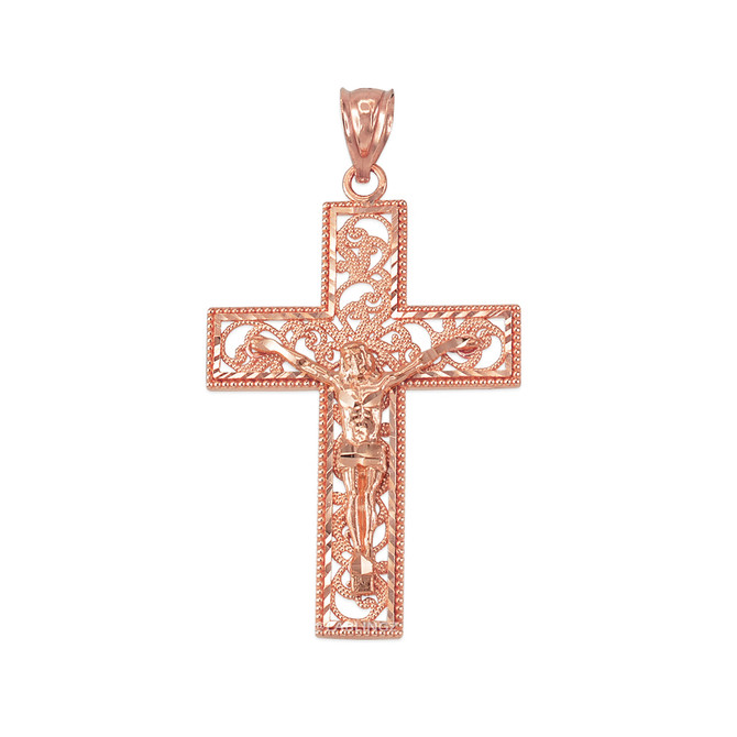Rose Gold Filigree Crucifix Cross DC Pendant Necklace