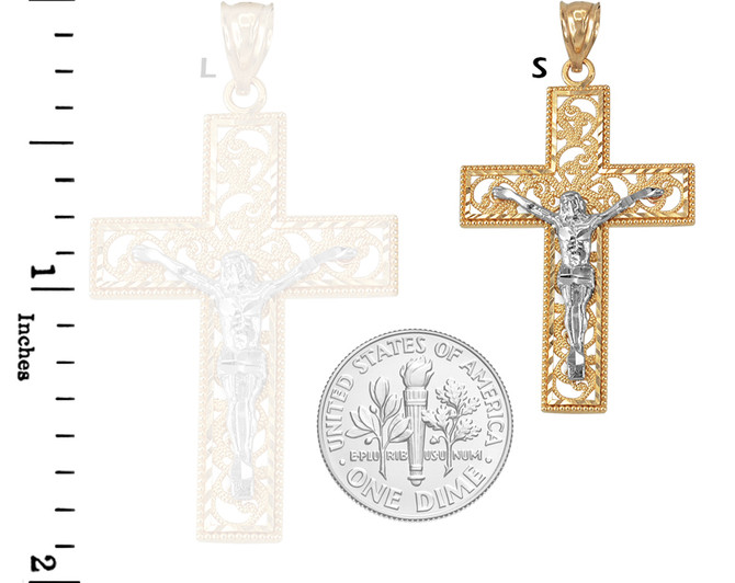 Two-Tone Yellow Gold Filigree Crucifix Cross DC Pendant Necklace