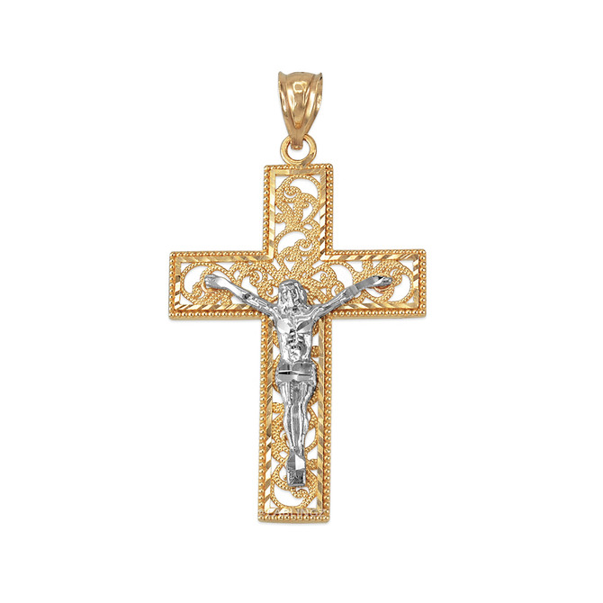 Two-Tone Yellow Gold Filigree Crucifix Cross DC Pendant Necklace