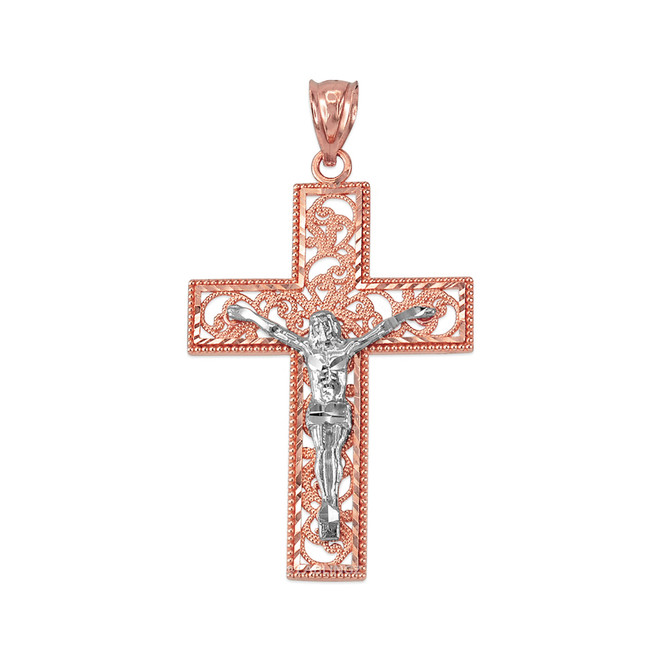 Two-Tone Rose Gold Filigree Crucifix Cross DC Pendant Necklace