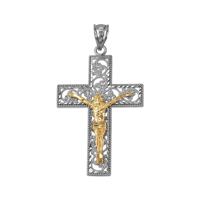 Two-Tone White and Yellow Gold Filigree Crucifix Cross DC Pendant Necklace