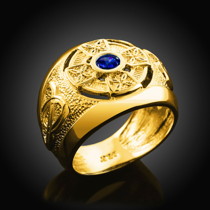 Gold Celtic Birthstone Men's Ring with Blue CZ