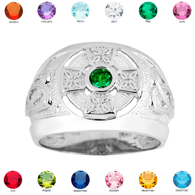 Mens White Gold Celtic Birthstone Ring