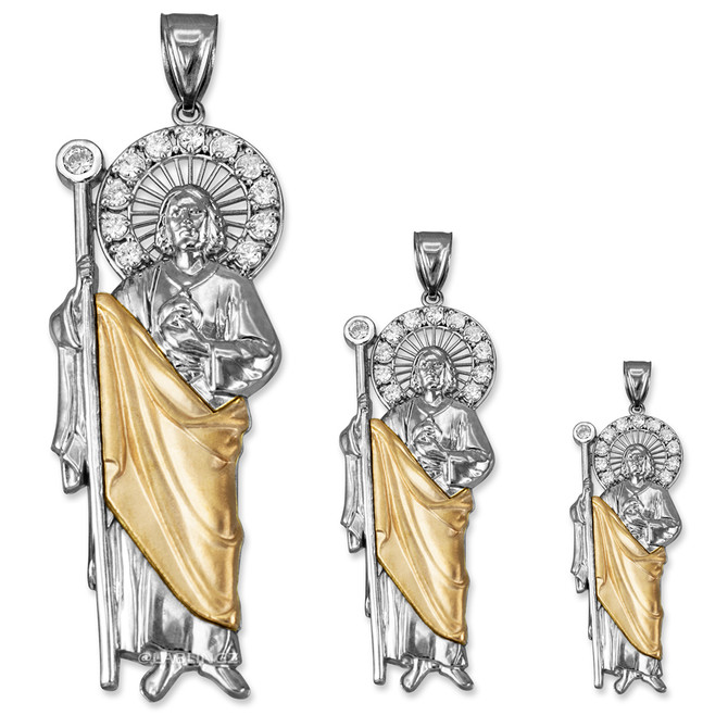 Two-Tone White and Yellow Gold St. Jude CZ Pendant (S/M/L)
