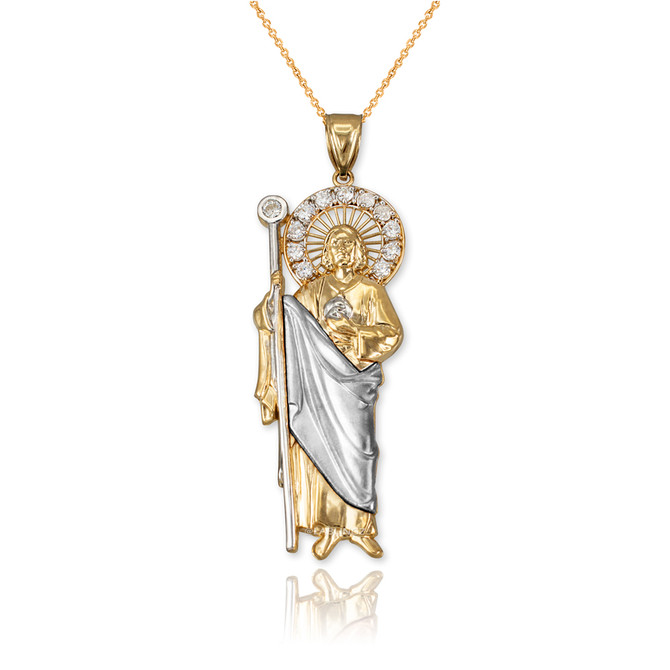 Two-Tone Yellow and White Gold St. Jude CZ Pendant Necklace