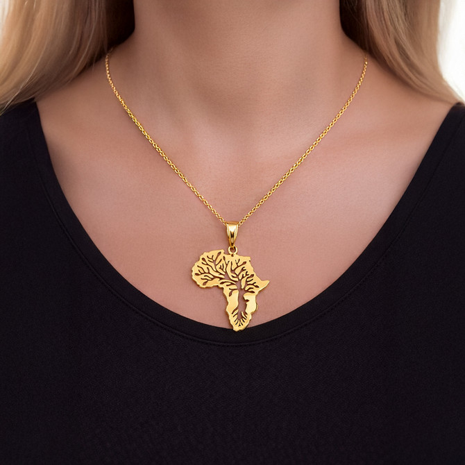 Yellow Gold Africa Tree of Life Pendant Necklace