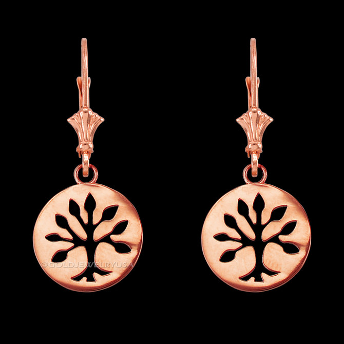 14K Rose Gold Tree of Life Leverback Earrings