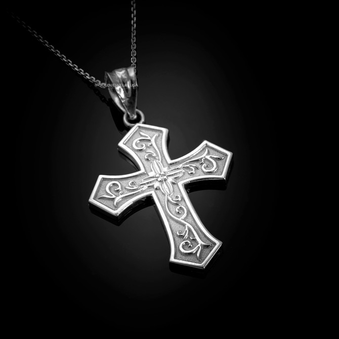 White Gold Christian Passion Diamond Cross Pendant Necklace