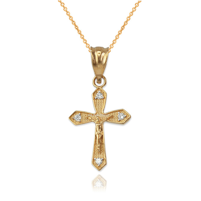Yellow Gold Crucifix Cross Diamond Charm Necklace