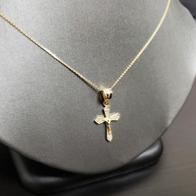 Yellow Gold Crucifix Cross Diamond Charm Necklace