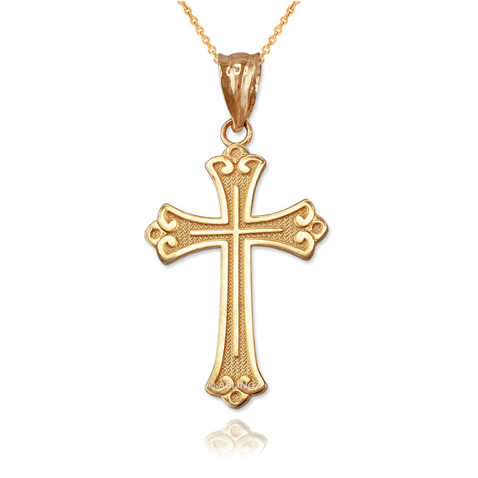 Yellow Gold Fleur de lis Cross Religious Pendant Necklace