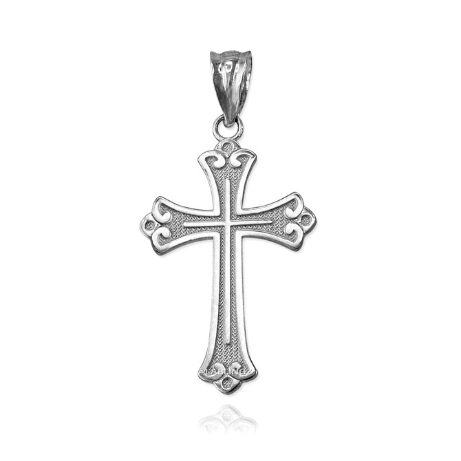 White Gold Fleur de lis Cross Religious Pendant Necklace