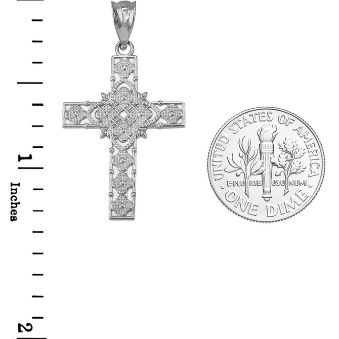 White Gold Floral Cross Pendant Necklace