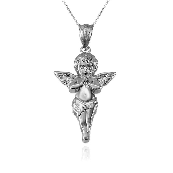 Polished White Gold Angel Pendant Necklace