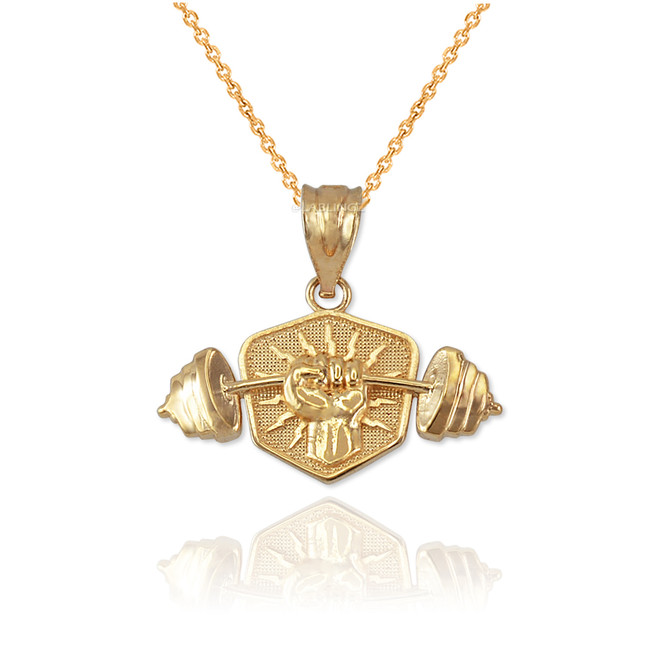 Yellow Gold Hand Weightlifting Dumbbell Pendant Necklace