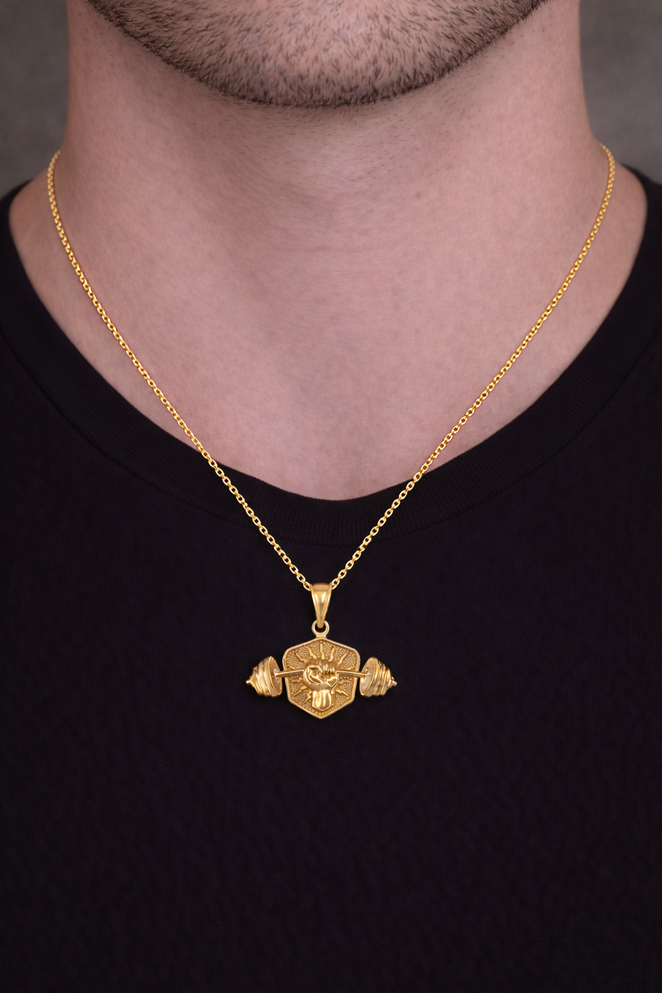Yellow Gold Hand Weightlifting Dumbbell Pendant Necklace