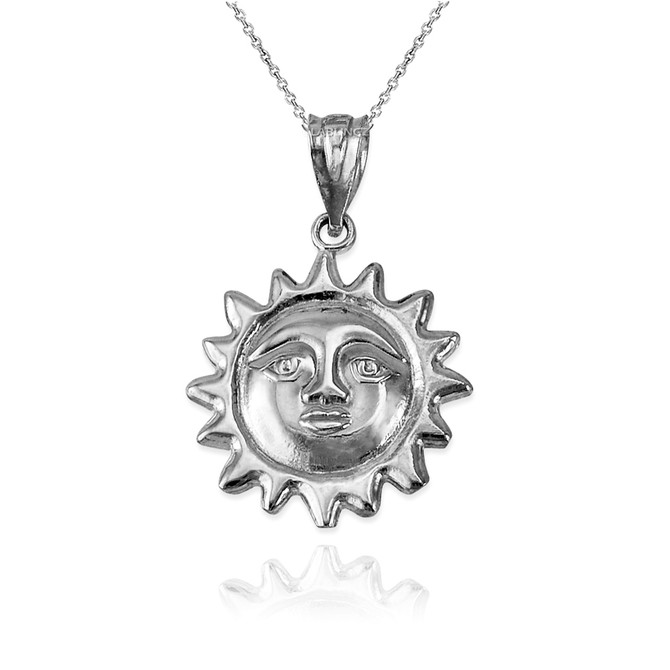 White Gold Sun Face Celestial Pendant Necklace