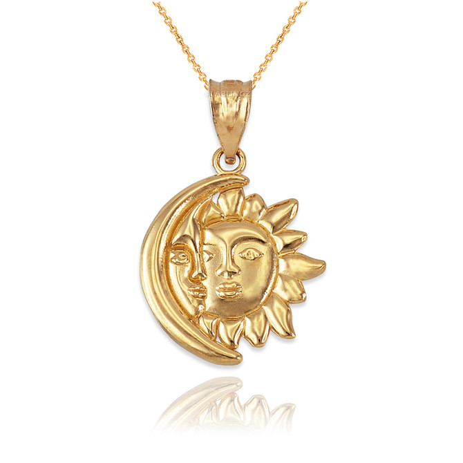 Polished Yellow Gold Moon and Sun Face Celestial Pendant Necklace