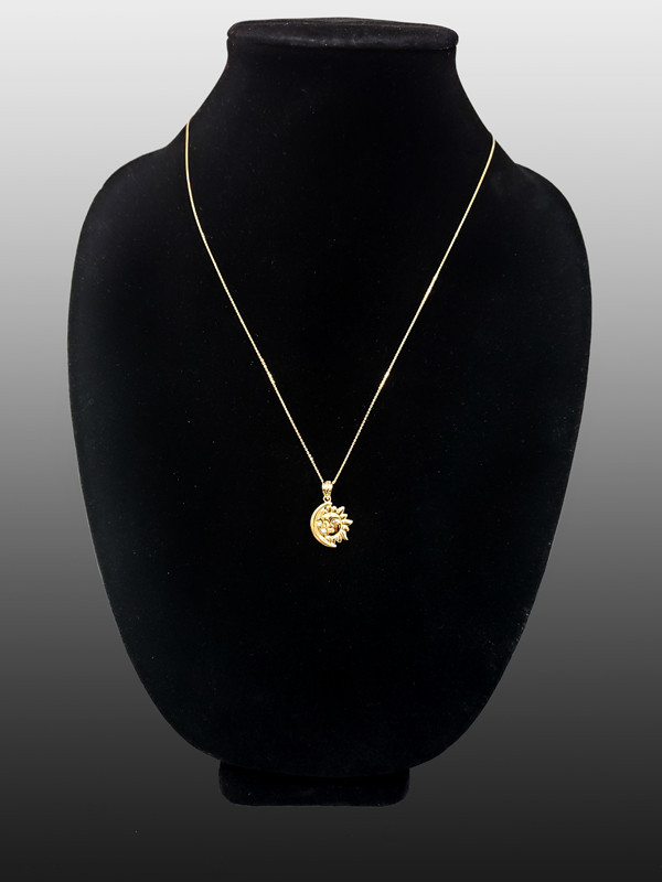 Polished Yellow Gold Moon and Sun Face Celestial Pendant Necklace