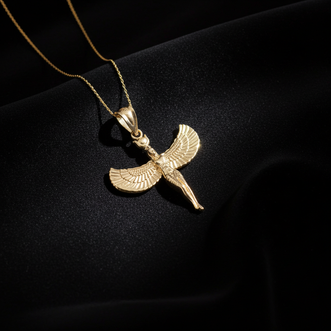 Yellow Gold Isis Egyptian Goddess Pendant Necklace