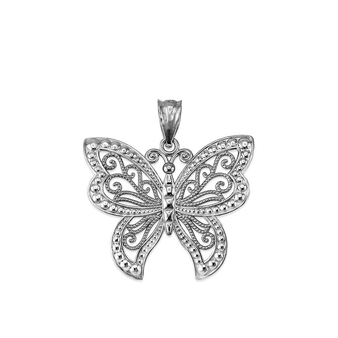 White Gold Filigree Butterfly Midsize Pendant Necklace