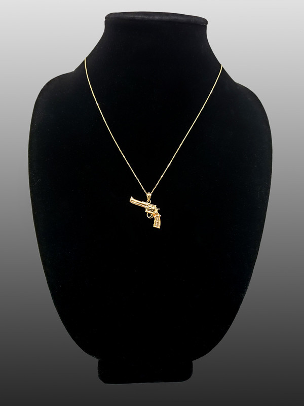 Yellow Gold Polished Revolver Pistol Gun Pendant Necklace