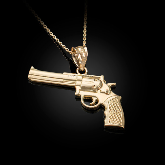 Yellow Gold Polished Revolver Pistol Gun Pendant Necklace