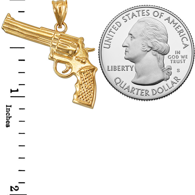 Yellow Gold Polished Revolver Pistol Gun Pendant Necklace