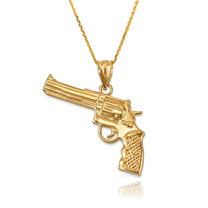 Yellow Gold Polished Revolver Pistol Gun Pendant Necklace