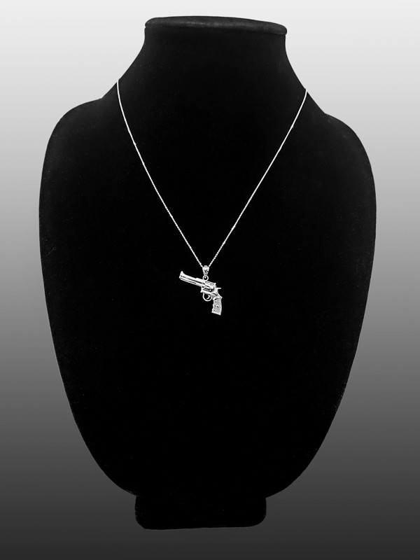 White Gold Polished Revolver Pistol Gun Pendant Necklace