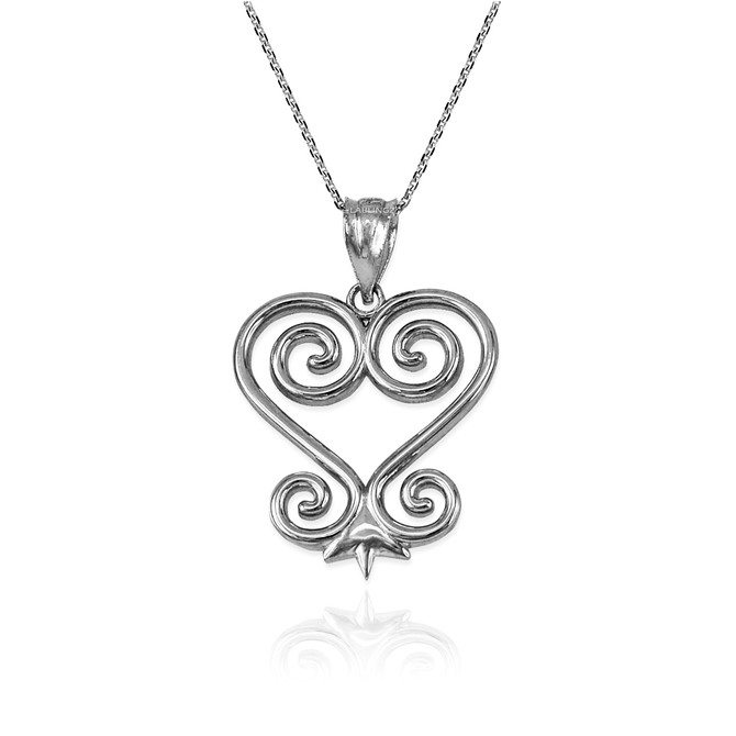 White Gold African Adinkra Sankofa Heart Pendant Necklace
