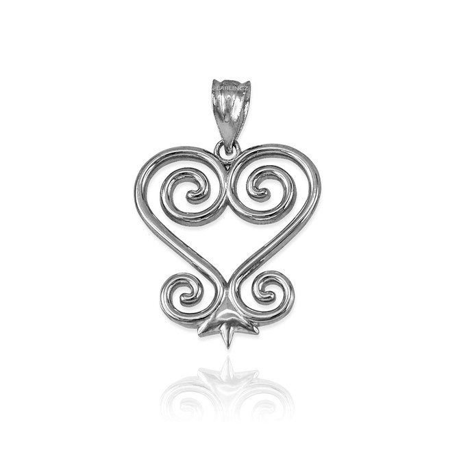 White Gold African Adinkra Sankofa Heart Pendant Necklace