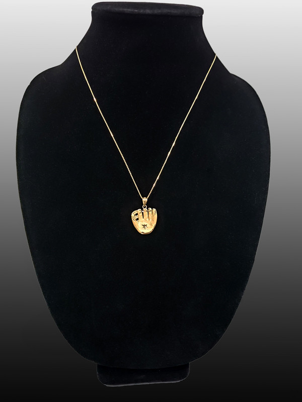 Satin DC Yellow Gold Baseball Glove Pendant Necklace