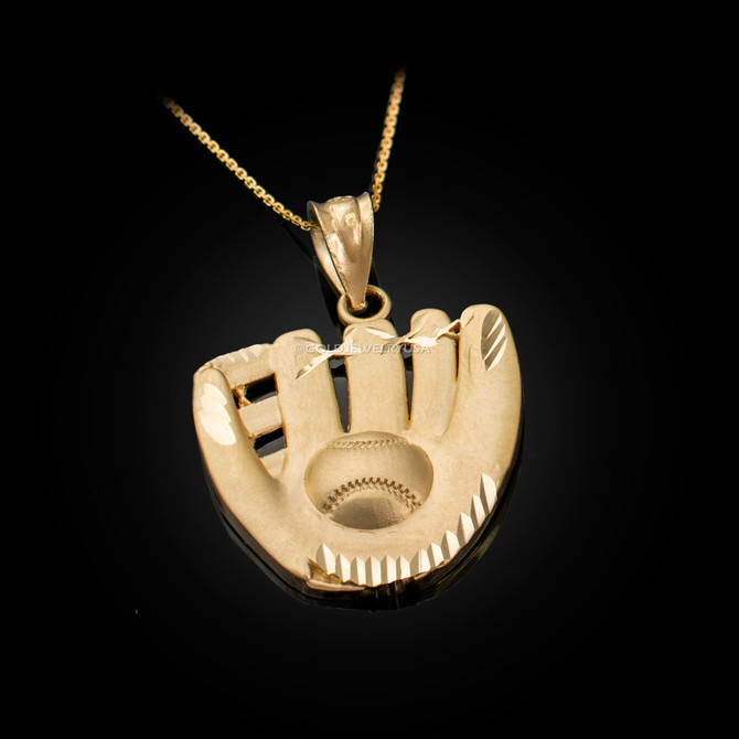 Yellow Gold Satin DC Baseball Glove Pendant Necklace