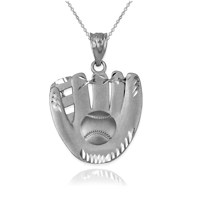 White Gold Satin DC Baseball Glove Pendant Necklace