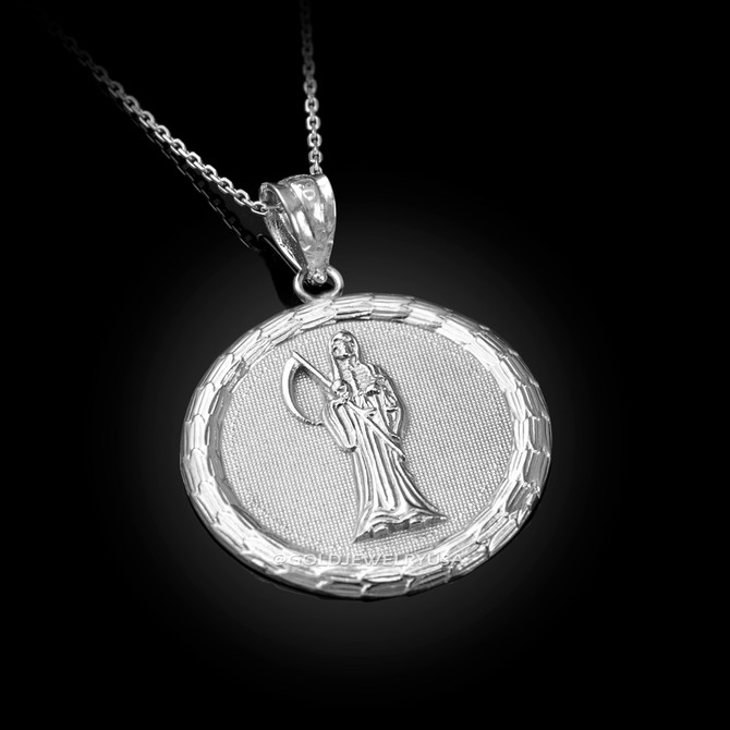 White Gold Santa Muerte Medallion Pendant Necklace