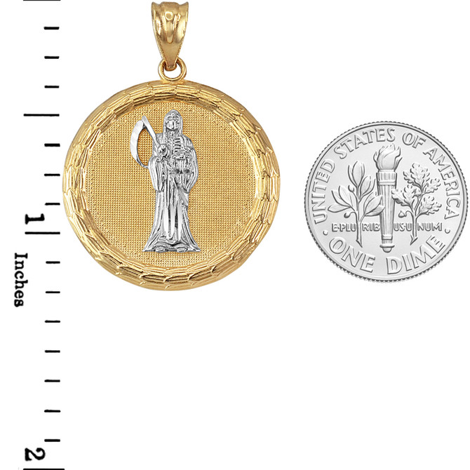 Two-Tone Gold Santa Muerte Medallion Pendant Necklace