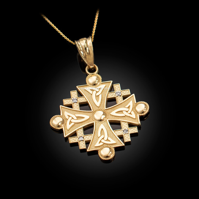 Yellow Gold Jerusalem Cross Diamond Pendant Necklace