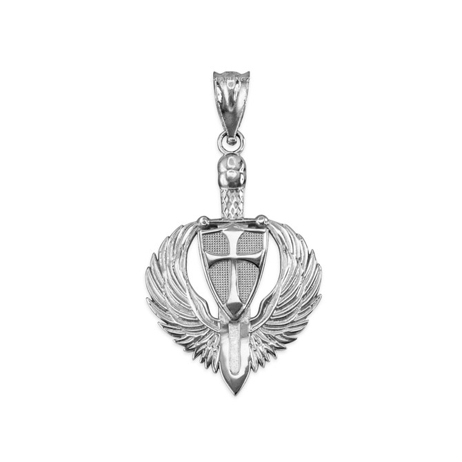 White Gold Crusader Winged Sword and Shield Pendant Necklace