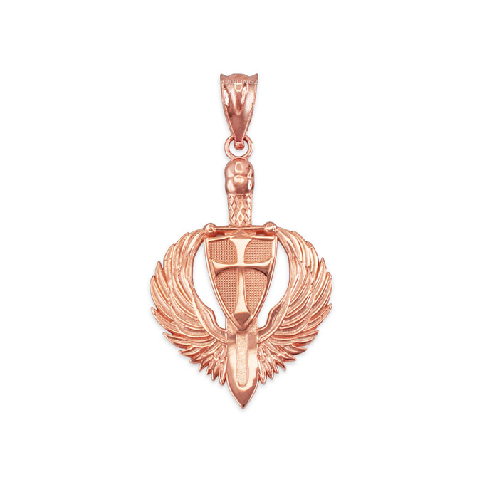 Rose Gold Crusader Winged Sword and Shield Pendant Necklace