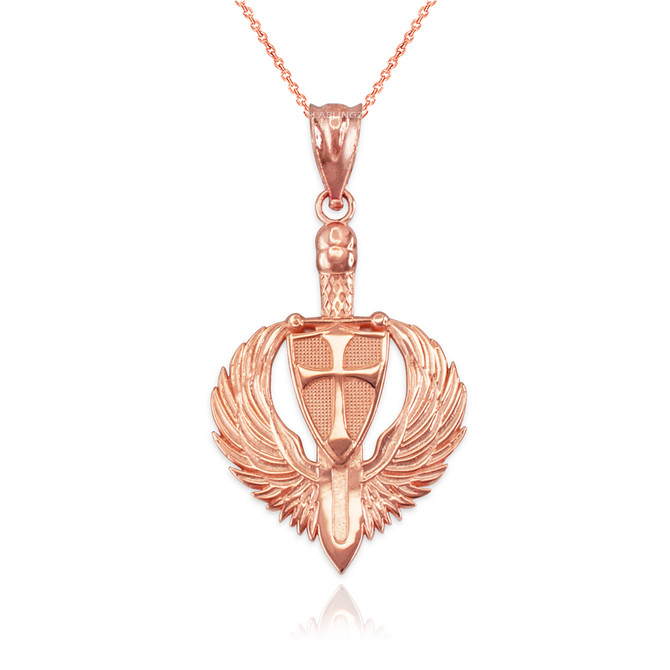 Rose Gold Crusader Winged Sword and Shield Pendant Necklace