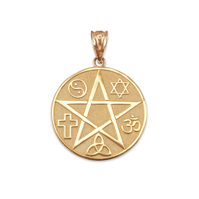 Yellow Gold Multicultural Pentacle Medallion Pendant Necklace