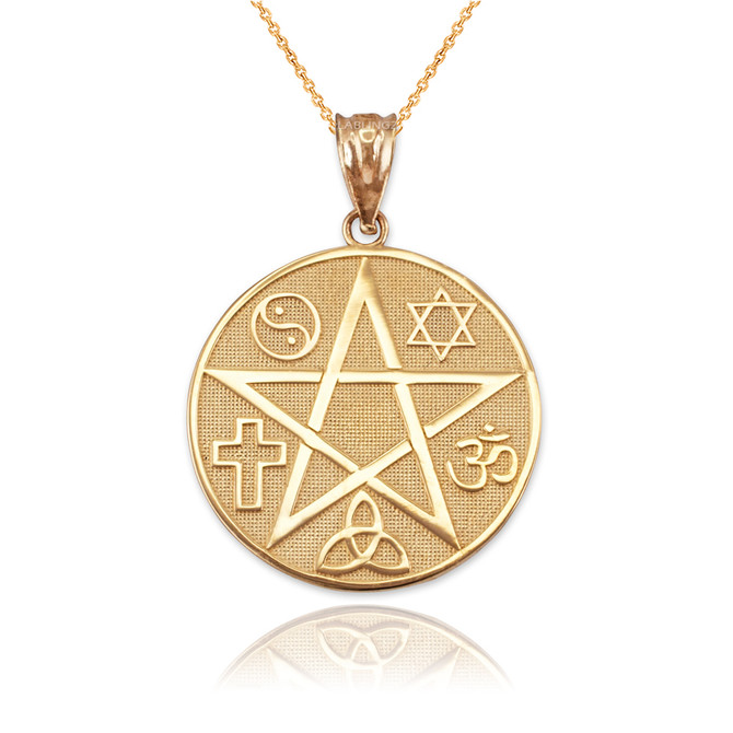 Yellow Gold Multicultural Pentacle Medallion Pendant Necklace