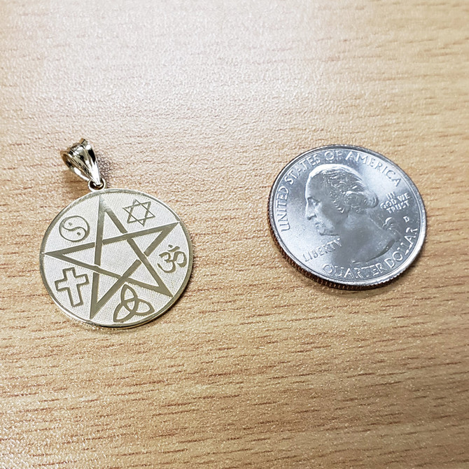 Yellow Gold Multicultural Pentacle Medallion Pendant Necklace